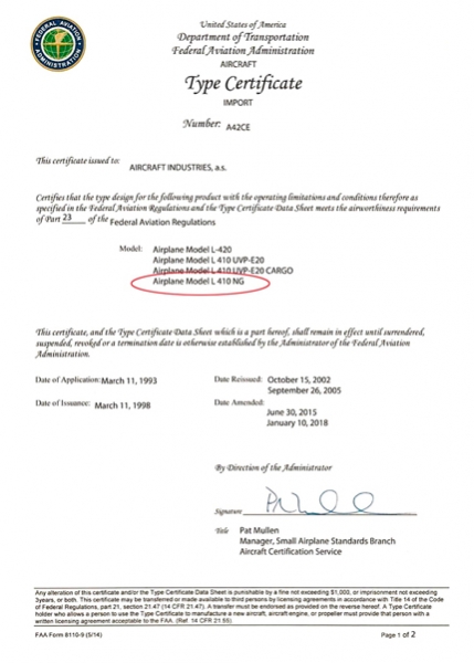 Самолет L-410NG сертифицировали в EASA и FAA